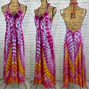 Soul Shine Pink Rainbow Tie Dye Halter Dress